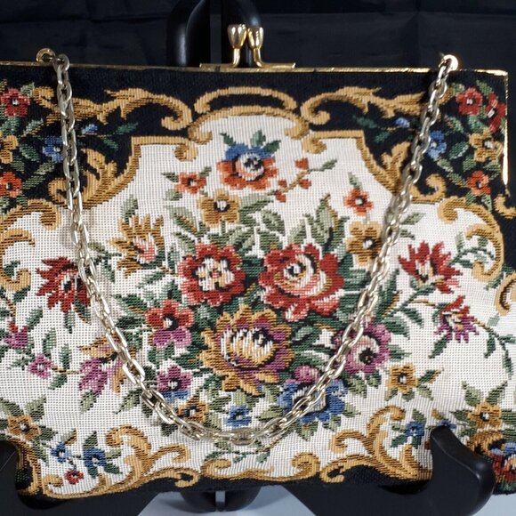 Vintage D-Val Hong Kong Designer Purse Black & Floral Tapestry Petit Point - Picture 3 of 7
